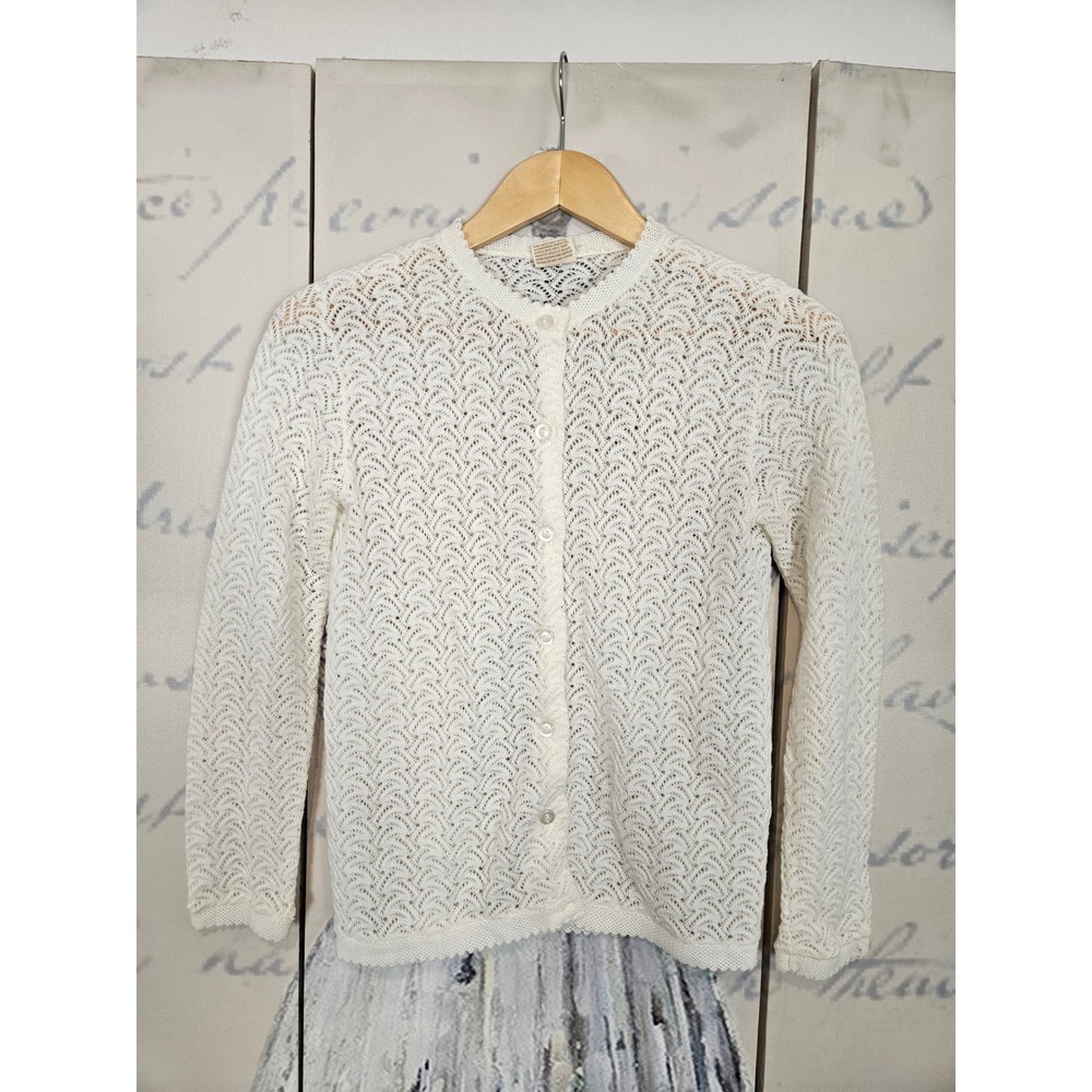 Kasper Casuals Vintage White Pointelle Knit Cardigan Sweater Made in Japan